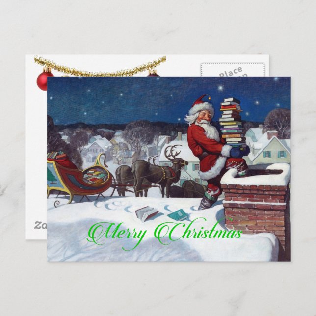 Postal Santa entregando carga de libros (Anverso / Reverso)