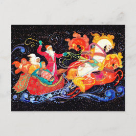 Postal Santa está viniendo en tres carros de caballos, so