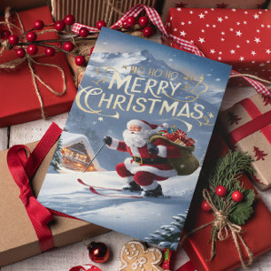 Postal Santa Festivo Se Desliza Por La Pendiente Nevada