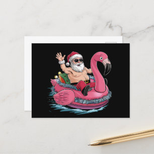 Postal Santa Flamingo Flotador Navidad En Julio Verano