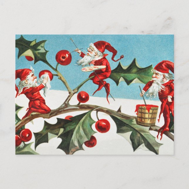 Postal Santa gnomes pintando bayas holly (Anverso)