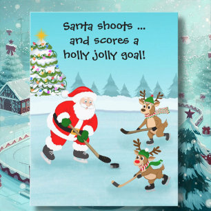 Postal Santa jugando hockey con renos Navidad