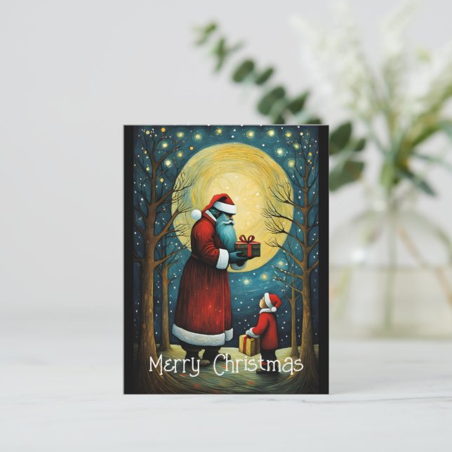 Postal Santa Luna Llena Con Regalo De Niños Navidades (Anverso de pie)