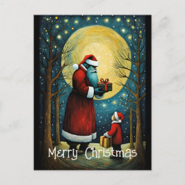 Postal Santa Luna Llena Con Regalo De Niños Navidades