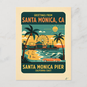 Postal Santa Monica CA Muelle Retro Viaje 1950s