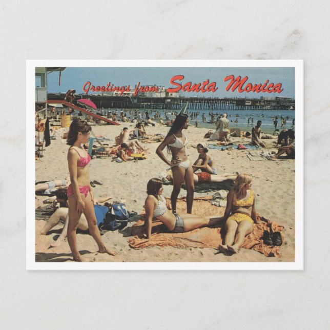 Postal Santa Mónica CA, Saludos, Escenario de Playa 1970  (Anverso)