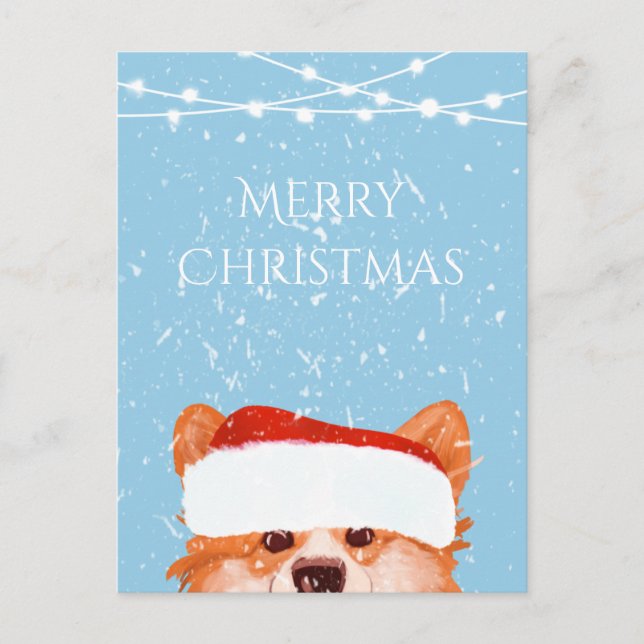Postal Santa Naranja Corgi Merry Christmas Blue (Anverso)