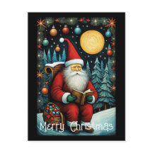Santa Reading Book Snowly Night Christmas Tree
