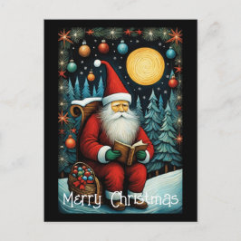 Postal Santa Reading Book Snowly Night Christmas Tree