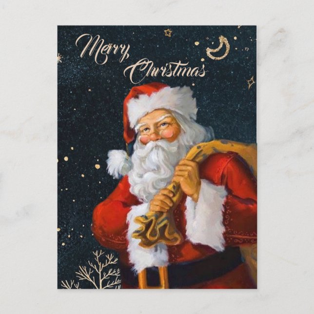 Postal Santa roja sobre fondo de color azul oscuro (Anverso)
