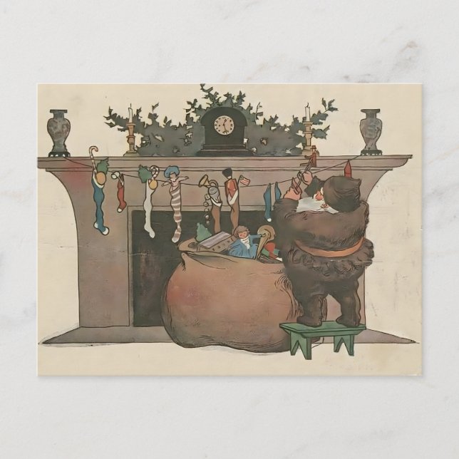 Postal Santa Rústico Cuelga Medias junto a la Chimenea (Anverso)