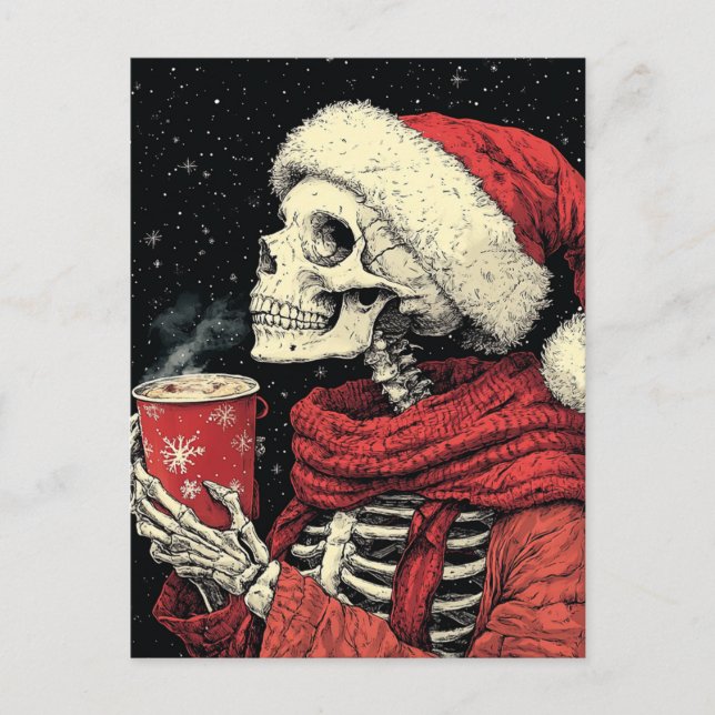 Postal Santa Skeleton con chocolate caliente (Anverso)