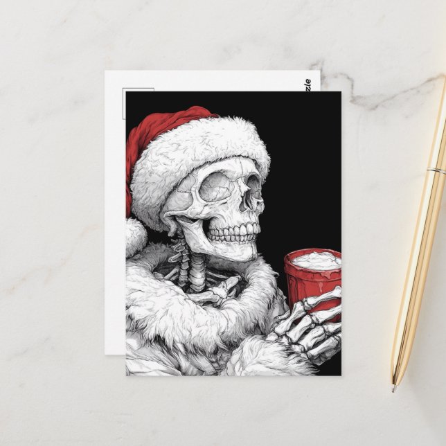 Postal Santa Skeleton festivo con chocolate caliente (Anverso/Reverso In Situ)