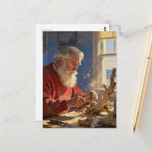 Postal Santa talla madera flotante en una cabaña junto al