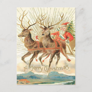 Postal Santa Volador Vintage y Reno Majestuoso
