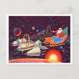 Postal Santa vuela con cohetes, Año Nuevo vintage soviéti