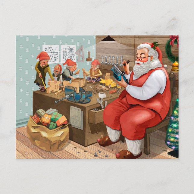 Postal Santa Y Elves Haciendo Juguetes | NAVIDADES (Anverso)