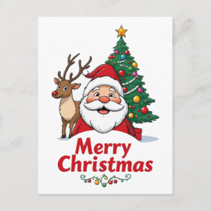 Postal Santa Y Reno Árbol De Navidad Feliz