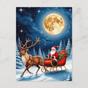 Postal Santa y reno volando a través de la luz de la luna