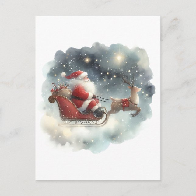 Postal Santa y su Sleigh en el cielo nocturno (Anverso)