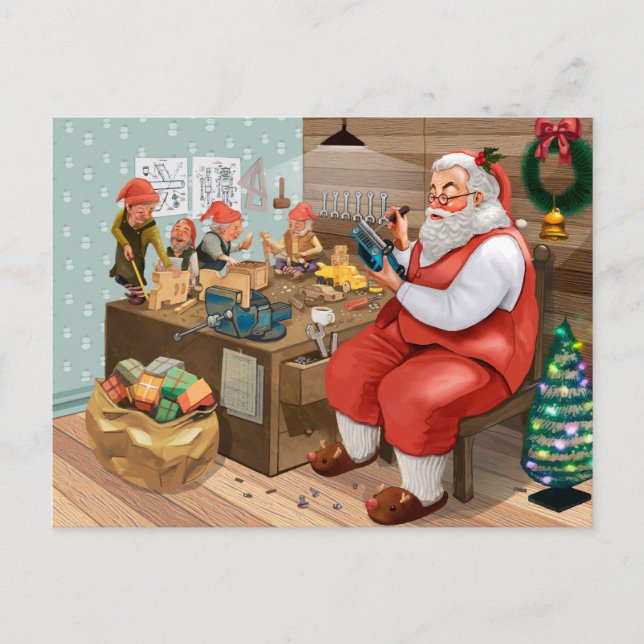Postal Santa y sus elfos en el taller (Anverso)