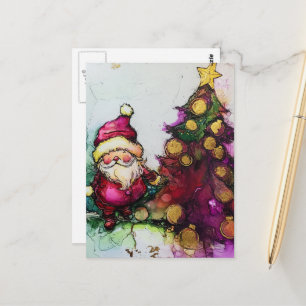 Postal Santa y un árbol de Navidad con tinta de alcohol