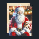 Postal Santa y un cachorro | Vintage Christmas<br><div class="desc">Postal de Navidades personalizados. Un bonito acuarela estilo ai arte que representa a Santa sosteniendo un cachorro en su regazo en la víspera de los Navidades con vibraciones vintage. Fondo de papel de época con copos de nieve.</div>