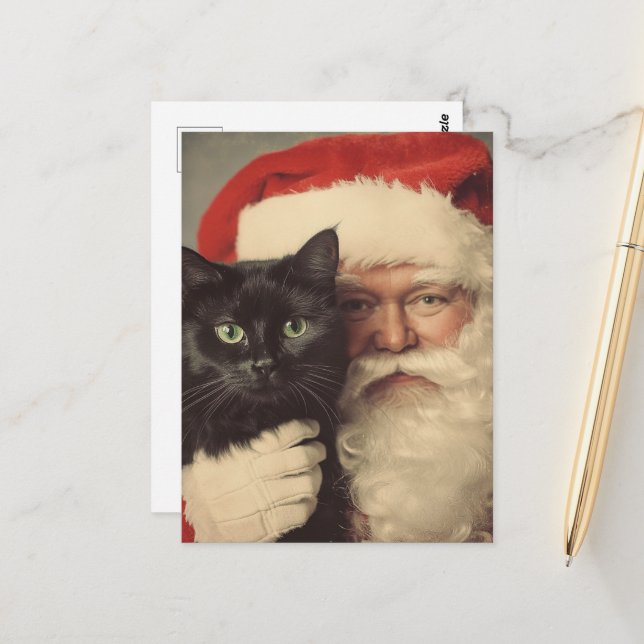 Postal Santa y un gato negro muy lindo (Anverso/Reverso In Situ)