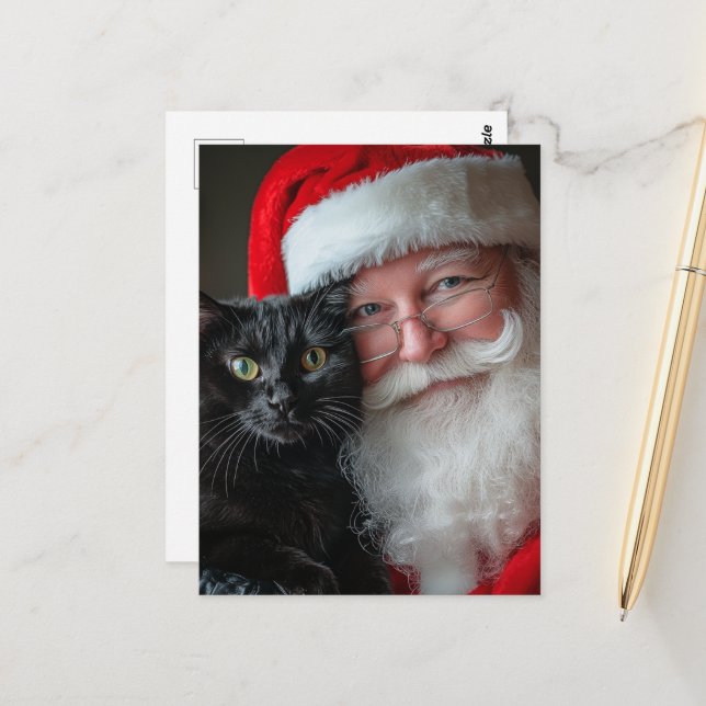 Postal Santa y un gato negro muy lindo (Anverso/Reverso In Situ)