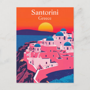 Postal Santorini, Grecia Atardecer Oceánico Viaje Retro