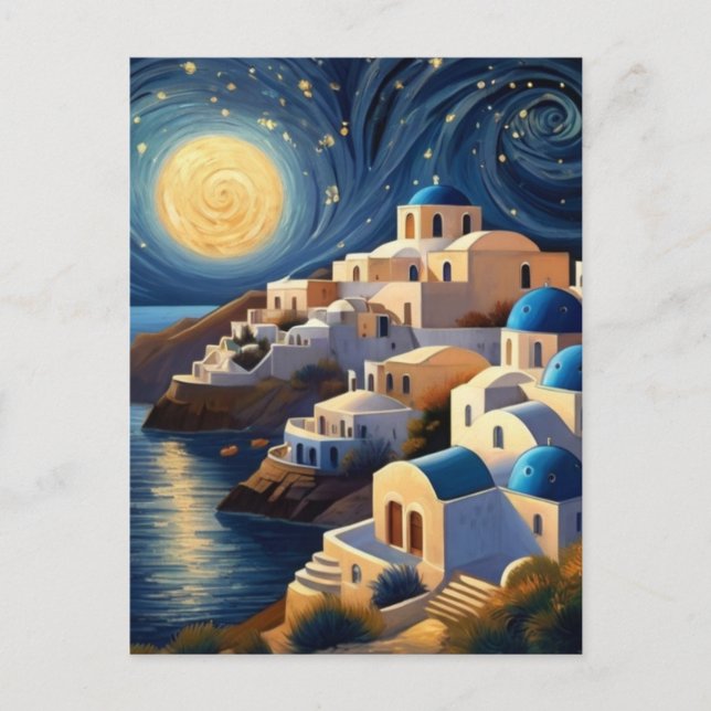 Postal Santorini, Grecia con luz de luna - Arte de la isl (Anverso)