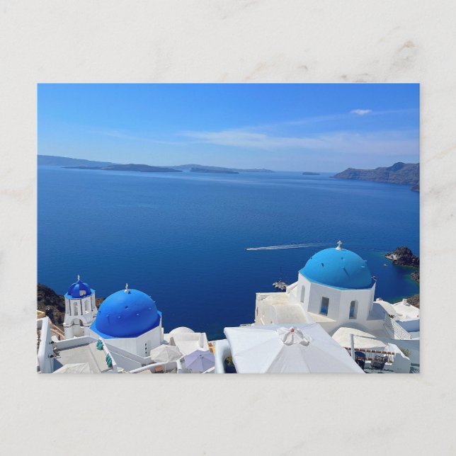 Postal Santorini Grecia Foto de la iglesia Domed azul (Anverso)