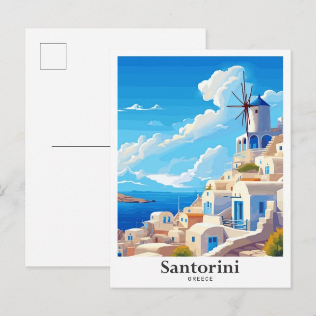 Postal Santorini Grecia Ilustracion de Viajes de Arte Vin (Anverso / Reverso)