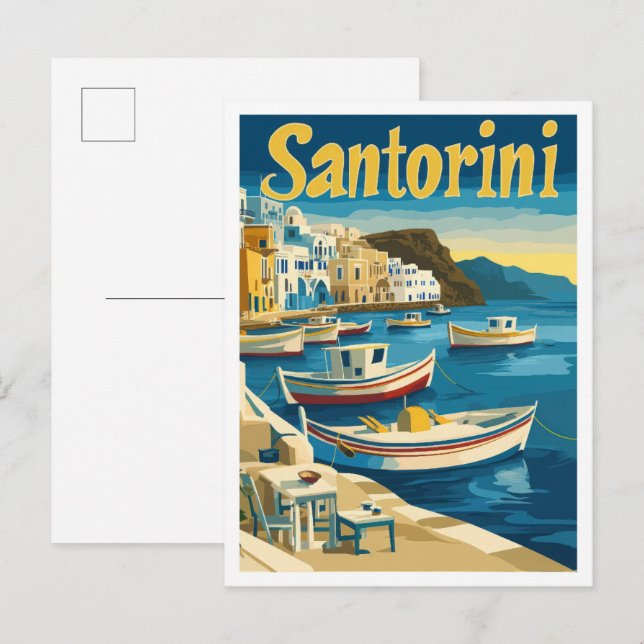 Postal Santorini Grecia Ilustracion de Viajes de Arte Vin (Anverso / Reverso)