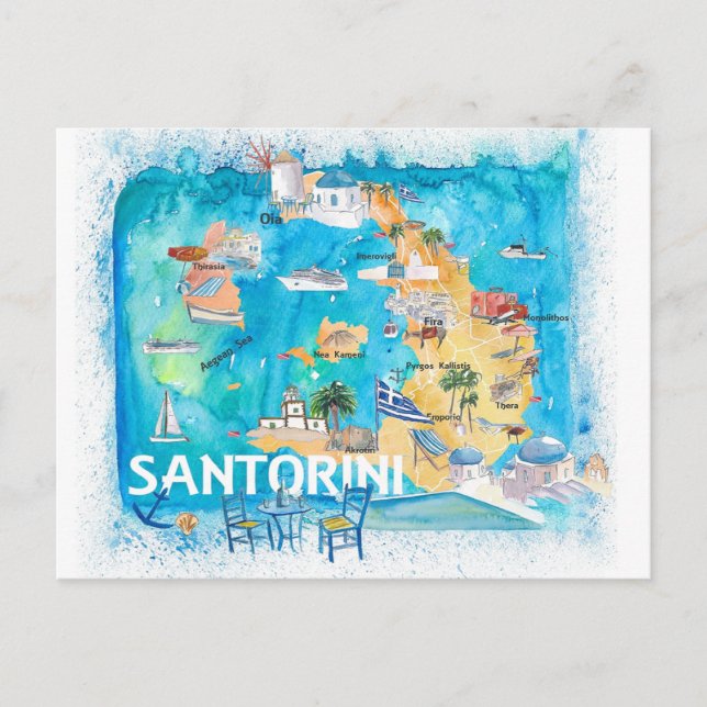 Postal Santorini Grecia Mapa ilustrado con las principale (Anverso)