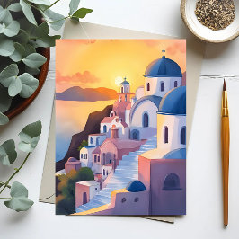 Postal Santorini, Grecia | Puesta de sol de acuarela en l