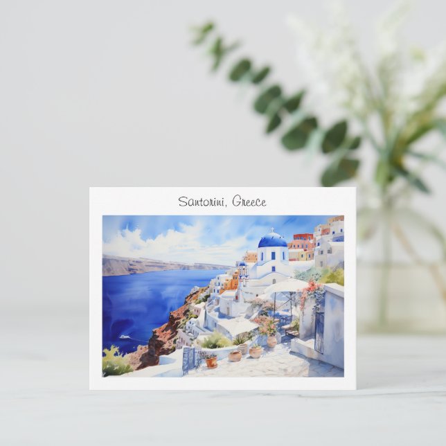 Postal Santorini pintado en Grecia (Anverso de pie)