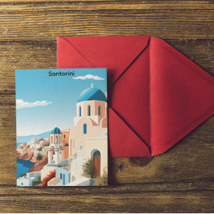 Postal Santorini Retro Grecia Mediterráneo Azul y Blanco 