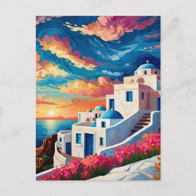 Postal Santorini Sunset, Grecia - Flores de rosa caliente (Anverso)