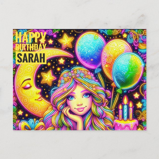 Postal SARAH ~ CUMPLEAÑOS FELIZ ~ Chica arcoiris 3D ~ (Anverso)