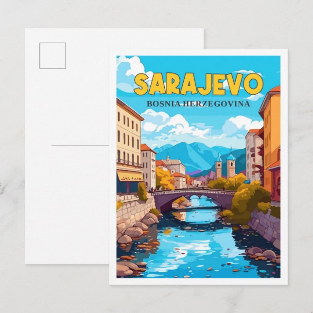 Postal Sarajevo ilustracion de viaje vintage de Bosnia (Anverso / Reverso)