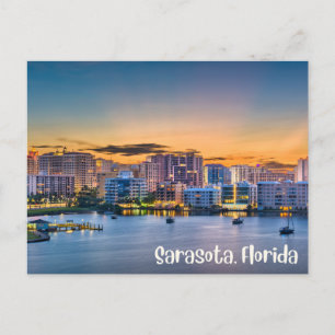 Postal Sarasota, Florida centro y barcos al atardecer 
