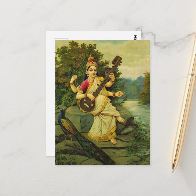 Postal Saraswati, diosa de la música de Raja Ravi Varma (Anverso/Reverso In Situ)