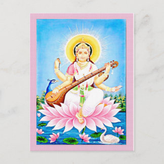 Postal Saraswati sentado en el Lotus rosado