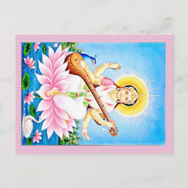 Postal Saraswati sentado en el Lotus rosado