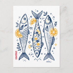 Postal Sardinas Vintage Ilustración de Pescado Mediterrán