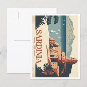 Postal Sardinia Italia Viaje Vintage Ilustracion Postcar