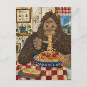 Postal Sasquatch comiendo espaguetis