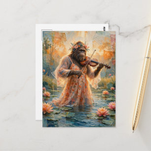 Postal Sasquatch con un violín en la laguna de los lirios