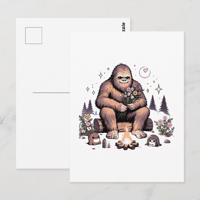 Postal Sasquatch sosteniendo flores (Anverso / Reverso)